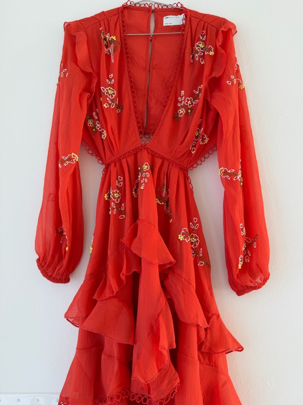 ASOS Red Floral Embroidered Long-Sleeve Ruffle Mini Dress